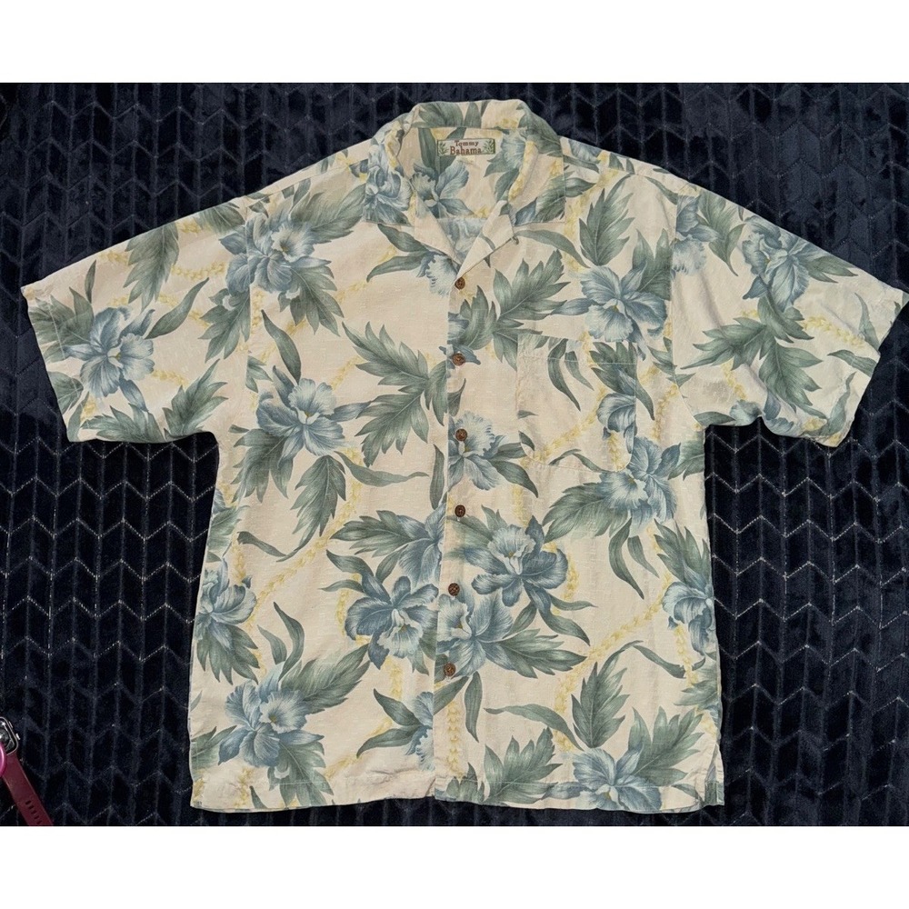 Tommy Bahama Mens Floral Hawaiian Button Up Shirt Silk Over Print Sz M